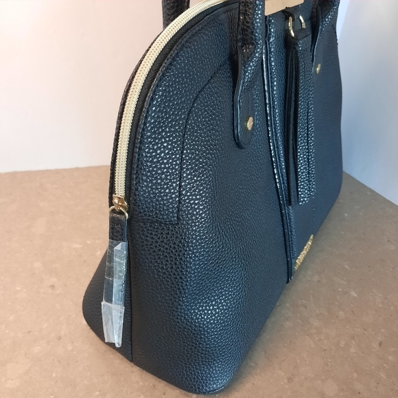 Kenneth Cole Handbag Large Black Tassel Gold Logo Pebbled Faux Leather NWOT - Picture 5 of 15